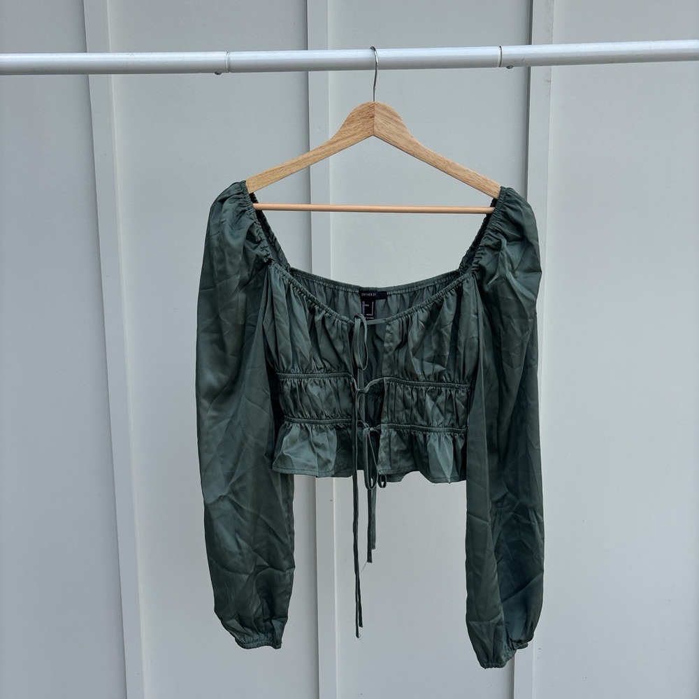 Forever 21 - Satin Dark Green Off-Shoulder Blouse